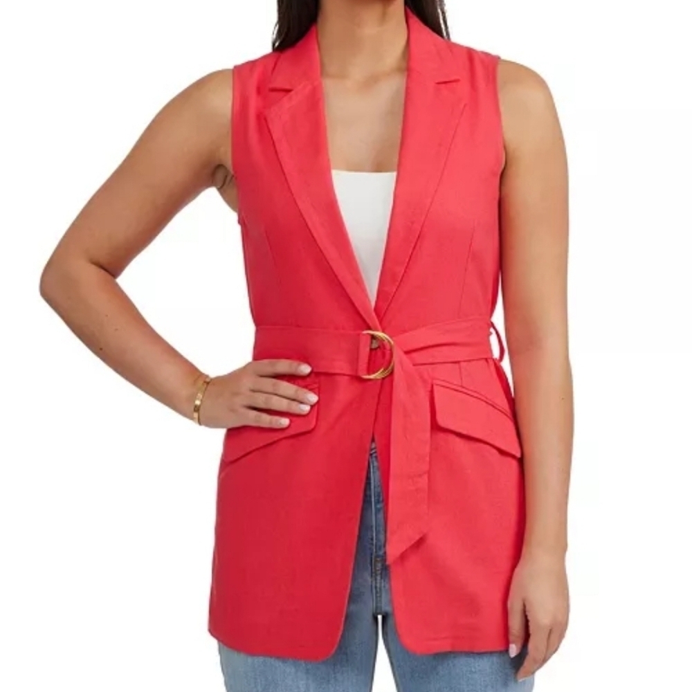Ellen Tracey Pink Belted Vest Cardigan Front Pocket Tie Waist Lined Luxury Mediu